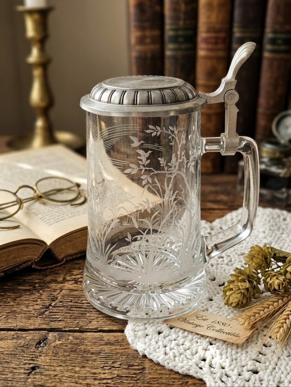 Vintage German Etched Glass Beer Stein 95% Pewter Lid - Fisherman Scene
